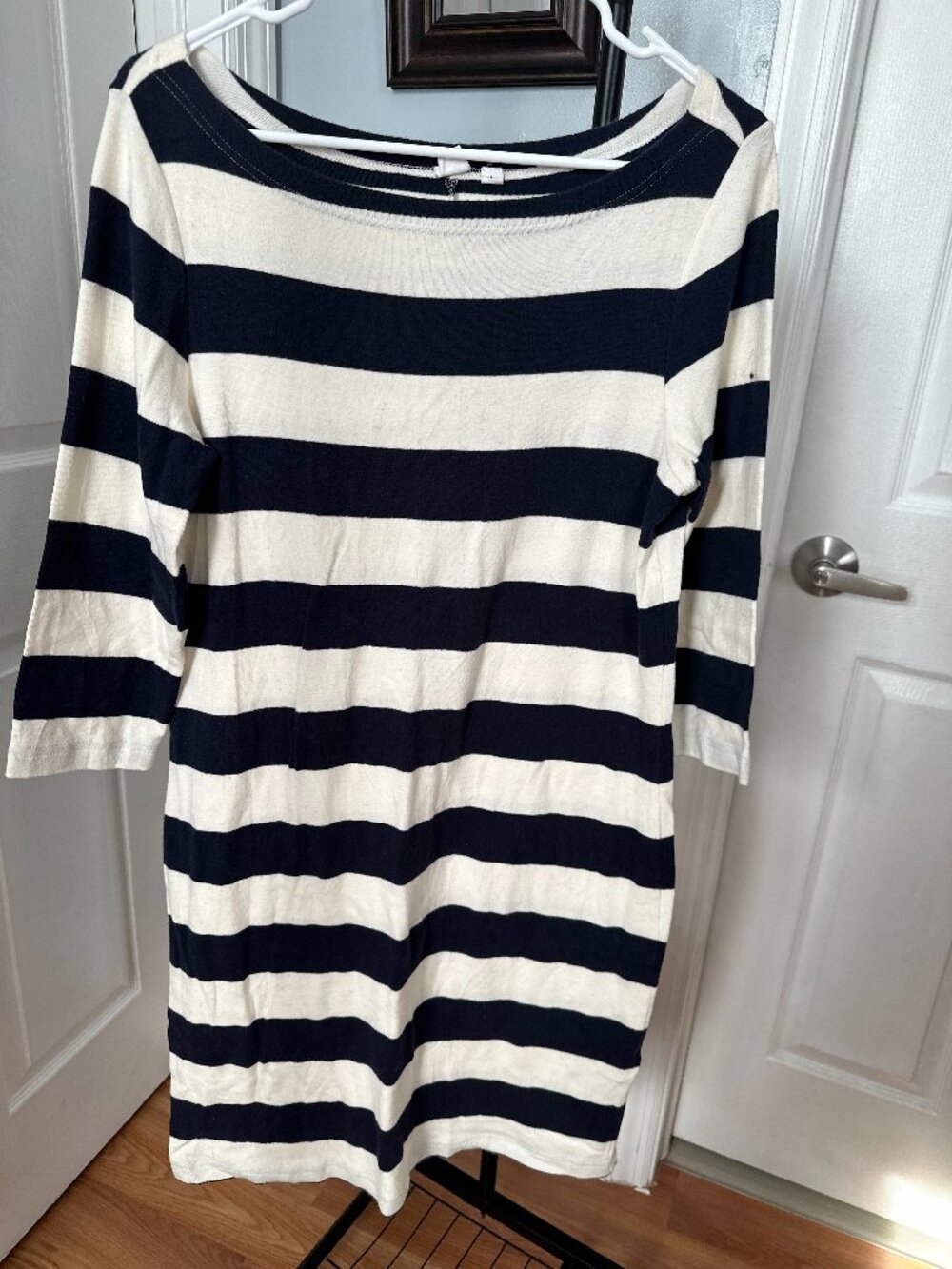 Gap stretch cotton, boat neck dress, navy & white